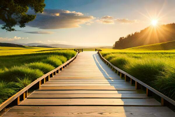 a wooden walkway leads to a grassy field. AI-Generated