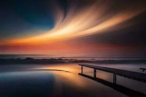 un muelle con un largo puente terminado el agua a puesta de sol. generado por ai foto