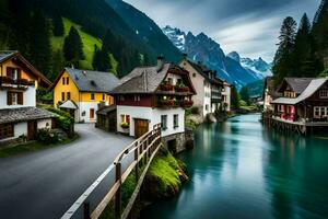 photo wallpaper the sky, mountains, water, houses, the village, the river, the mountains. AI-Generated