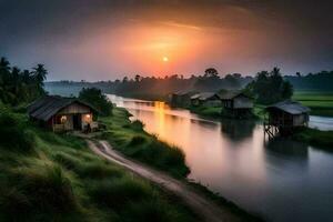 the sun rises over the river and the houses in the village. AI-Generated photo