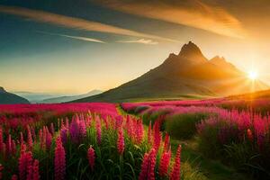 the sun rises over a field of pink flowers and mountains. AI-Generated photo