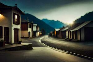 un calle en el montañas con casas y un ligero brillante en él. generado por ai foto