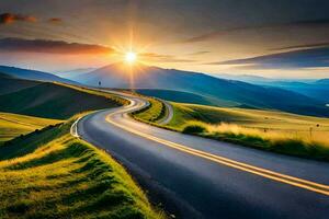 the sun is setting over a winding road in the mountains. AI-Generated photo