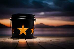 a bucket with five stars on it sitting on a wooden floor. AI-Generated photo