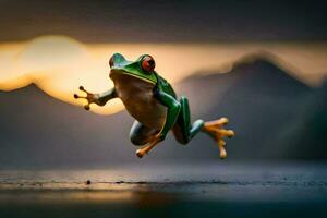 a frog jumping in the air at sunset. AI-Generated photo