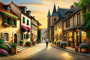 a painting of a street with flowers and people. AI-Generated photo