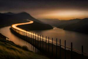 a long exposure photo of a bridge over a lake. AI-Generated