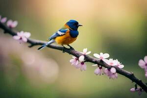 a blue and orange bird sits on a branch with pink flowers. AI-Generated photo