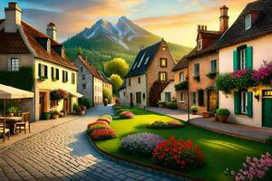 a street in the mountains with flowers and trees. AI-Generated photo