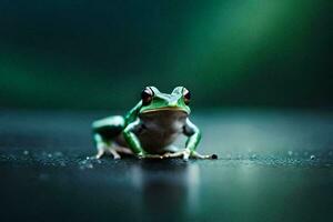 a frog is sitting on the ground with a green background. AI-Generated photo