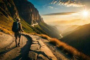 a man with a backpack walks along a path in the mountains. AI-Generated photo