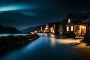 un largo exposición fotografía de casas a lo largo un río. generado por ai foto