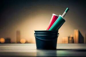 two red and green paint cans in a bucket. AI-Generated photo