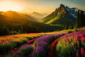 the sun rises over a field of wildflowers in the mountains. AI-Generated photo