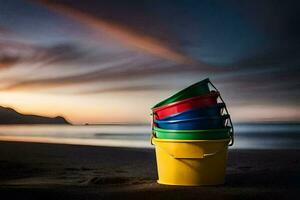 vistoso cubos en el playa a puesta de sol. generado por ai foto