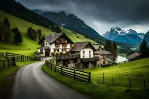 photo wallpaper the sky, mountains, road, house, road, house, road, house,. AI-Generated