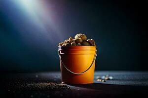 a bucket filled with nuts on a dark background. AI-Generated photo