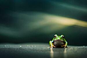 a frog sitting on the ground with a dark background. AI-Generated photo