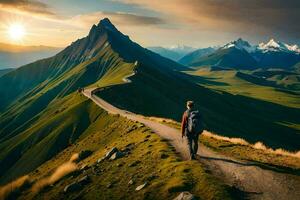 un hombre camina en un camino en el montañas. generado por ai foto