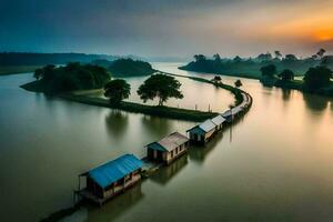 a river with houses on it at sunrise. AI-Generated photo