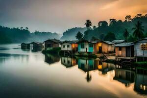 houses on the water at sunrise in the jungle. AI-Generated photo