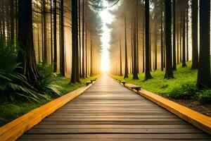 a wooden path leads to the sun in the forest. AI-Generated photo