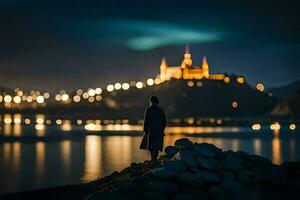 a man standing on rocks looking at a castle at night. AI-Generated photo