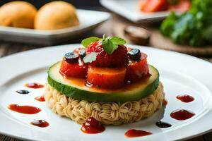 a plate topped with noodles and fruit. AI-Generated photo