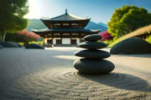 a stack of rocks in front of a pagoda. AI-Generated photo