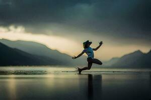 un mujer saltando en el aire en un lago. generado por ai foto