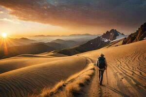 a person walking through the sand dunes at sunset. AI-Generated photo