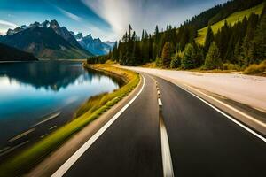 a road with mountains in the background and a lake. AI-Generated photo