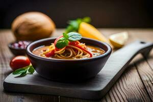 spaghetti with tomato sauce and vegetables in a bowl. AI-Generated photo