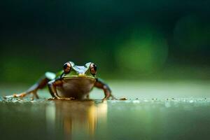 a frog sitting on the ground with a green background. AI-Generated photo