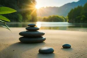 zen stones on the beach at sunset. AI-Generated photo