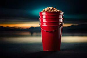 a red bucket filled with peanuts sitting on the beach. AI-Generated photo