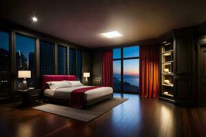 a bedroom with a large bed and wooden floors. AI-Generated photo