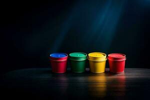 four colorful plastic cups on a dark table. AI-Generated photo