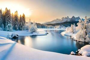 a beautiful winter landscape with snow covered trees and mountains. AI-Generated photo