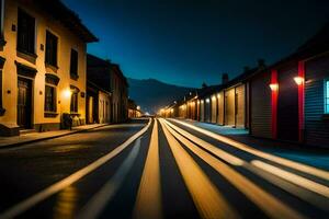 un largo exposición fotografía de un calle a noche. generado por ai foto