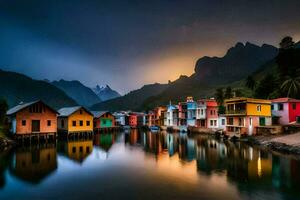 colorful houses on the water in front of mountains. AI-Generated photo