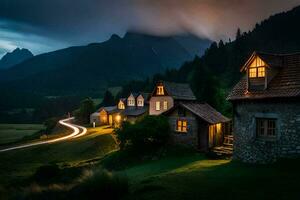 foto fondo de pantalla el cielo, montañas, camino, casa, luz, noche, el montañas, el. generado por ai