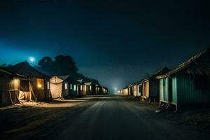 un largo la carretera a noche con muchos chozas y carpas generado por ai foto