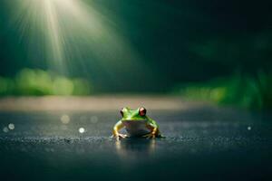 un rana sentado en el suelo en el lluvia. generado por ai foto