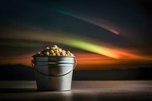 a bucket of popcorn with a colorful aurora in the background. AI-Generated photo