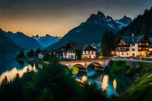 foto fondo de pantalla el cielo, montañas, lago, casa, puente, casa, lago, casa,. generado por ai