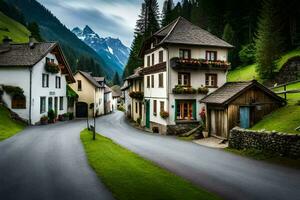 a road in the mountains with houses and flowers. AI-Generated photo