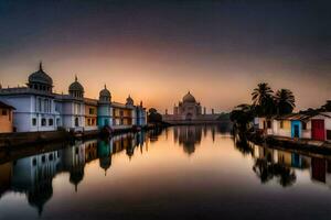 el taj mahal es reflejado en el agua a puesta de sol. generado por ai foto