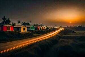un largo exposición fotografía de un la carretera y casas a puesta de sol. generado por ai foto