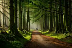 a man walking down a dirt road in the middle of a forest. AI-Generated photo